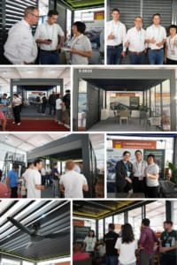 Greenawn's team engaging with clients at the 136th Canton Fair discussing sunshade solutions.