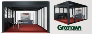 Greenawn's modern exhibition booth at the 136th Canton Fair showcasing sunshade outdoor products.