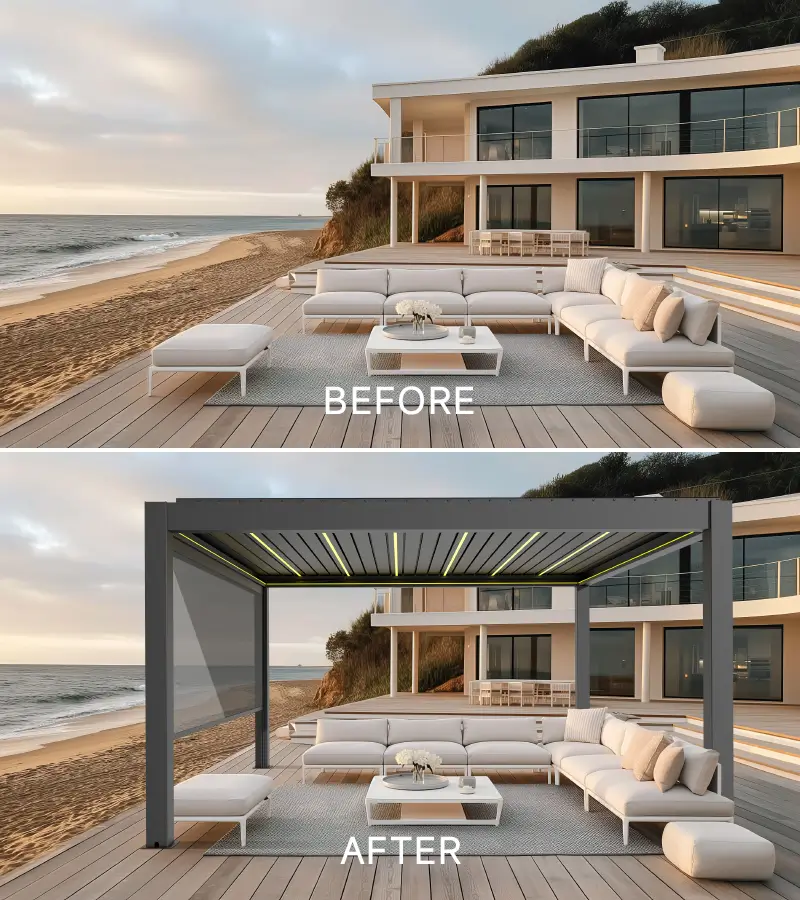 Before and after comparison of using aluminum pergola Before and after comparison of using aluminum pergola