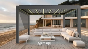 Outdoor area after installing a pergola – shaded, stylish patio with enhanced comfort and weather protection.