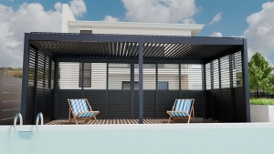 Modern pergola installed in a backyard patio providing shade and outdoor living space
