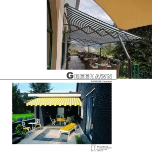 Founding team of YUEMEI Awning beside their first-generation factory, showcasing CEO Fang Guiping and the original aluminum retractable-arm awning prototype.