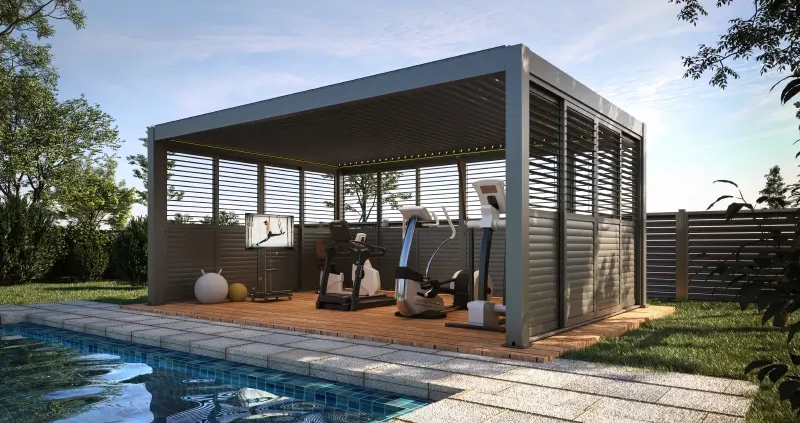 Outdoor gym area with a modern pergola – providing shade and comfort for fitness activities in an open-air environment.