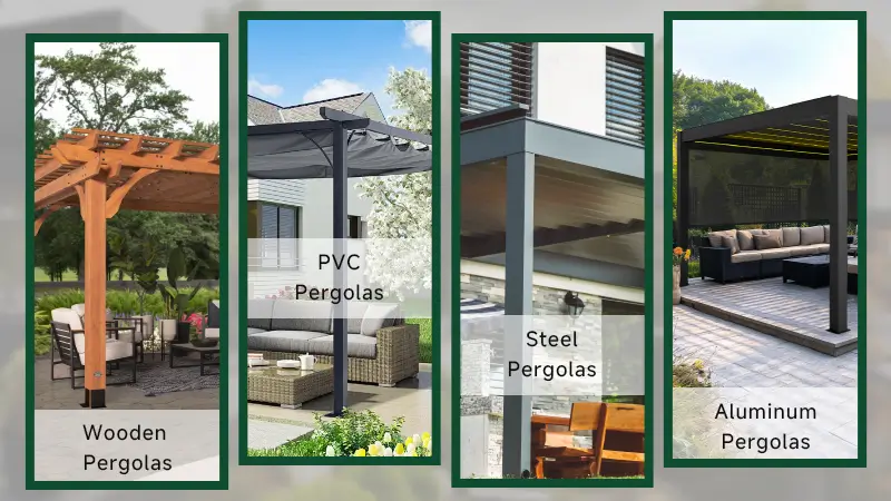 pergola materials Comparison of pergola materials including wood, PVC, steel, and aluminum – showing differences in texture, color, and durability.