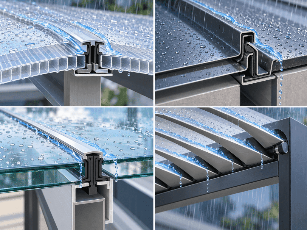 Close-up illustrations of waterproof pergola roof joints, showing sealed polycarbonate panels, metal standing seams, glass gaskets, and overlapping aluminum louvers.