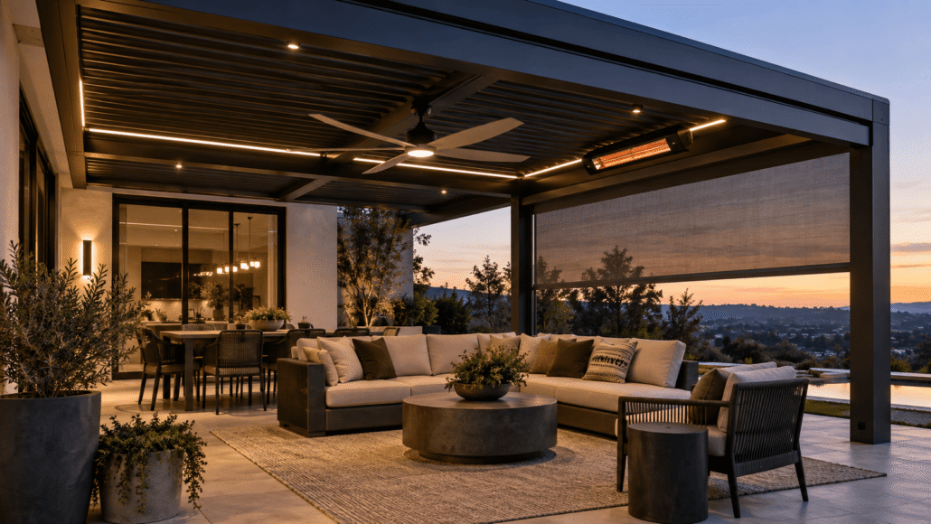 Modern aluminum louvered pergola with a ceiling fan, integrated LED lighting, mounted patio heater, and retractable screen.