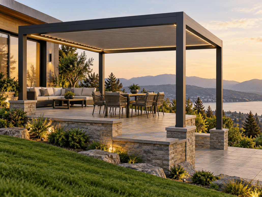 Aluminum louvered pergola installed on a sloped hillside patio with varying ground elevations and supporting columns.
