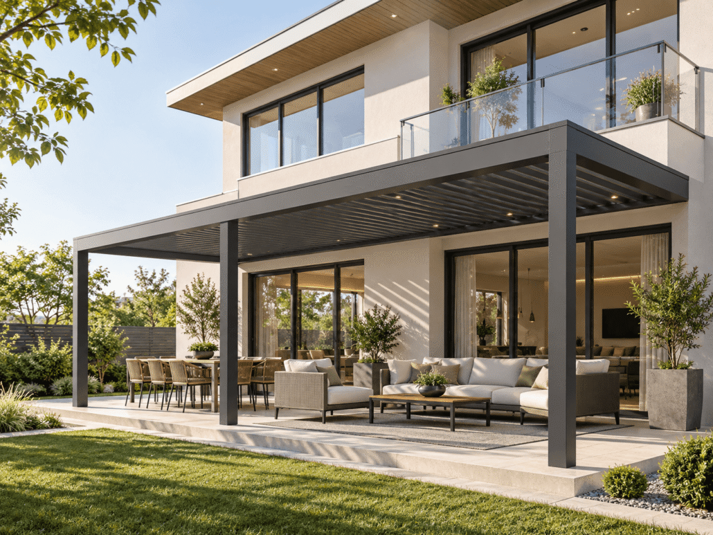 Modern aluminum louvered pergola attached to a two-story house, aligned with the home's balcony and exterior architecture.