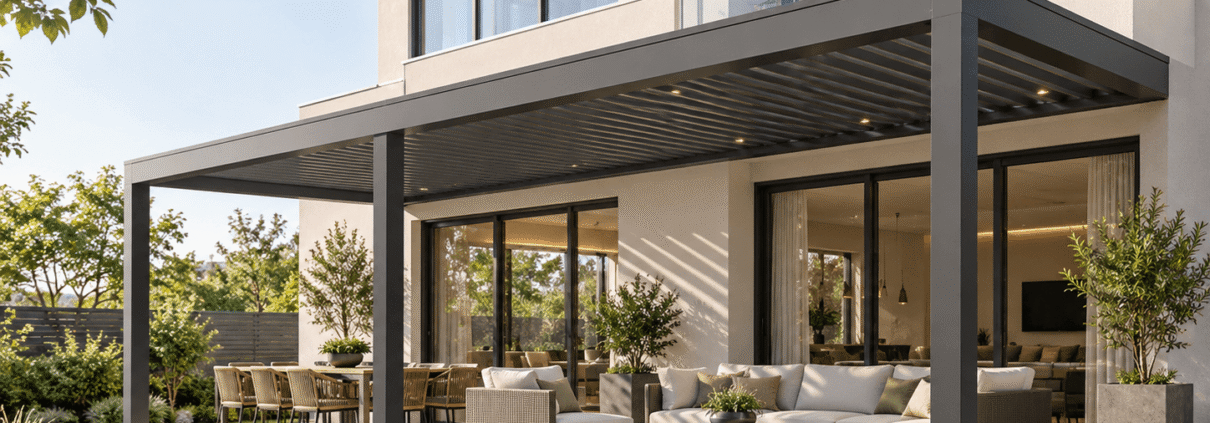Modern aluminum louvered pergola attached to a two-story house, aligned with the home's balcony and exterior architecture.