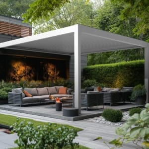 Outdoor furniture set under pergola shade