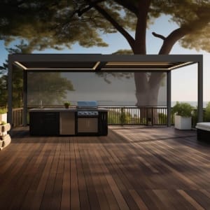 Outdoor kitchen under aluminum pergola