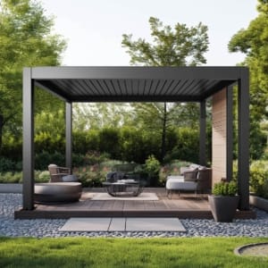 Aluminum pergola installed over WPC decking terrace