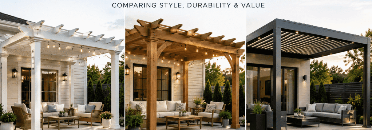 Vinyl, Wood, or Aluminum pergola material choose