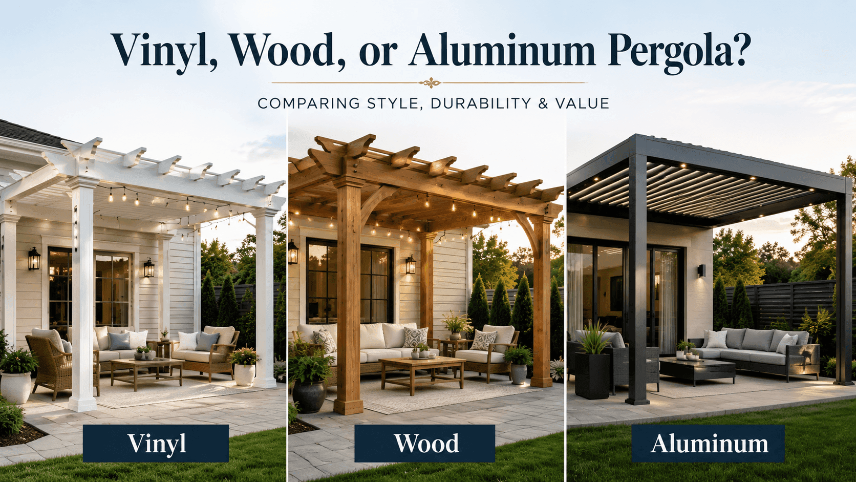 Vinyl, Wood, or Aluminum pergola material choose