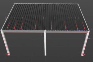 Louvered pergola drainage path from roof gutters through support posts to ground outlets