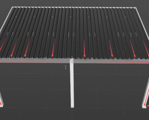 Louvered pergola drainage path from roof gutters through support posts to ground outlets