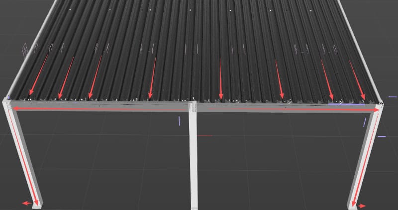 Louvered pergola drainage path from roof gutters through support posts to ground outlets