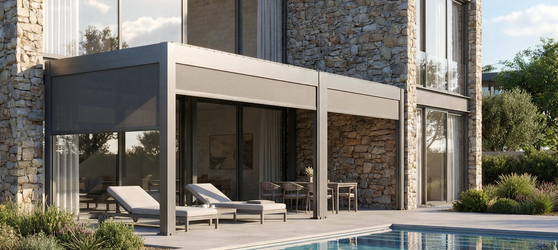 Modern luxury villa with an outdoor pergola and pool