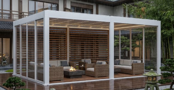 Controlled shade + rain protection for an outdoor spa pergola