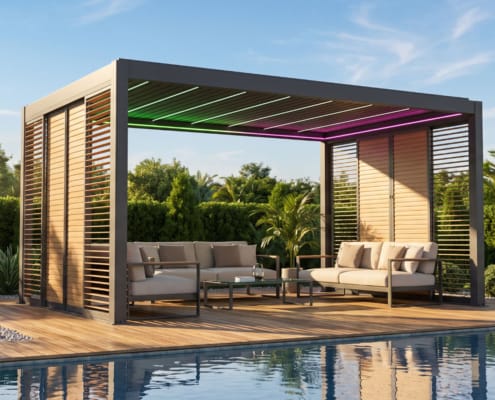 Eine Aluminiumpergola in der Nähe des Pools