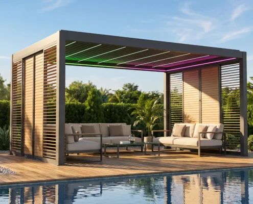 en pergola i aluminium nær bassenget