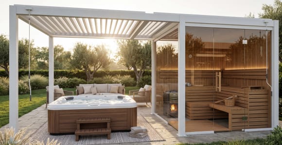 Open-side aluminum pergola beside a swimming pool