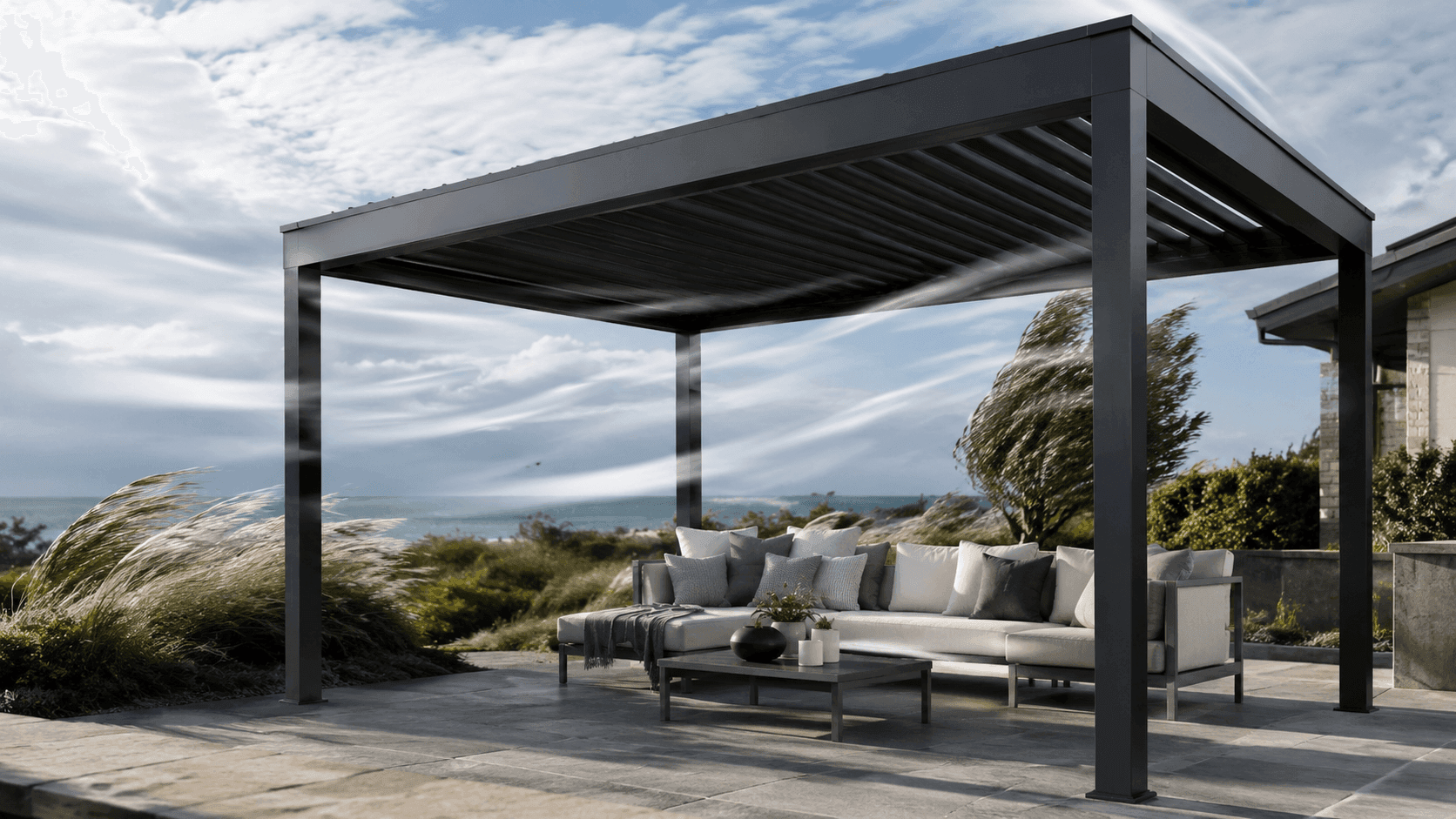 Wind-resistant aluminum pergola
