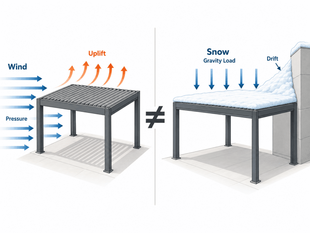 Wind and snow load comparison on a louvered pergola showing wind pressure, uplift, gravity load and snow drift