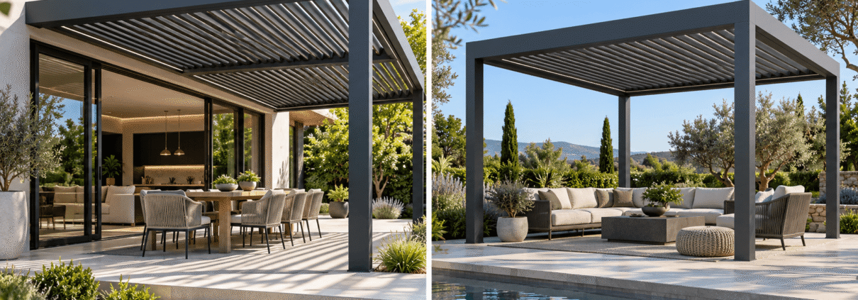 Side-by-side comparison of an attached aluminum pergola extending a home's patio and a freestanding pergola creating a separate garden retreat.