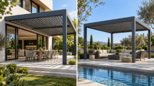 Side-by-side comparison of an attached aluminum pergola extending a home's patio and a freestanding pergola creating a separate garden retreat.