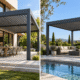 Side-by-side comparison of an attached aluminum pergola extending a home's patio and a freestanding pergola creating a separate garden retreat.