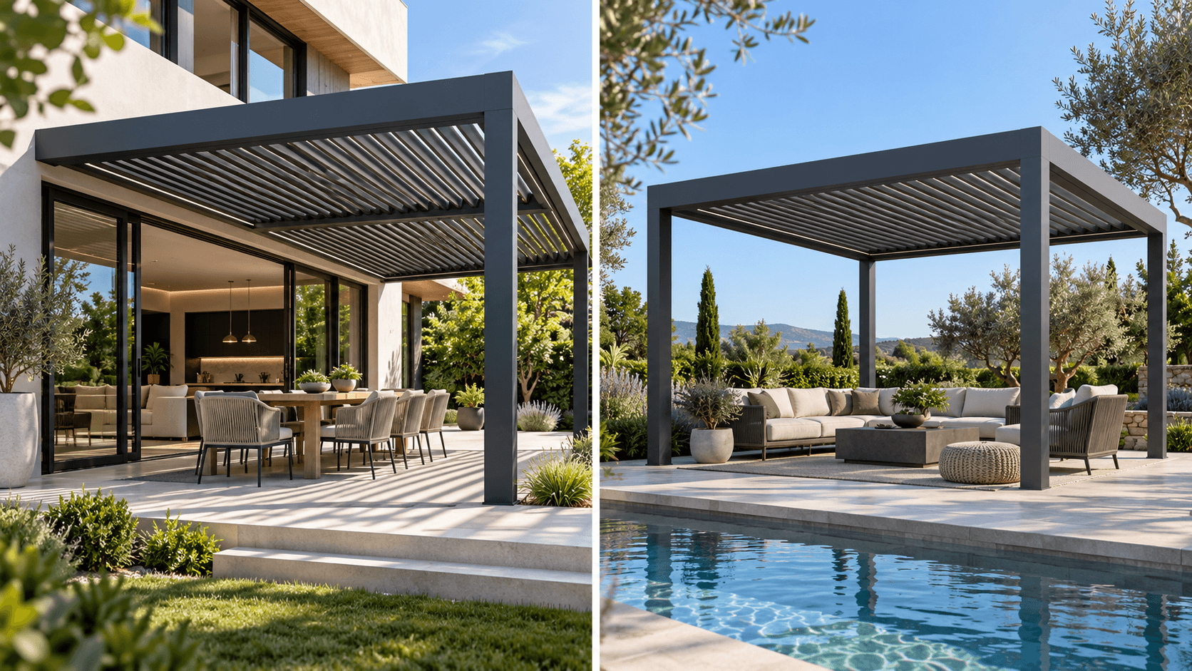 Side-by-side comparison of an attached aluminum pergola extending a home's patio and a freestanding pergola creating a separate garden retreat.