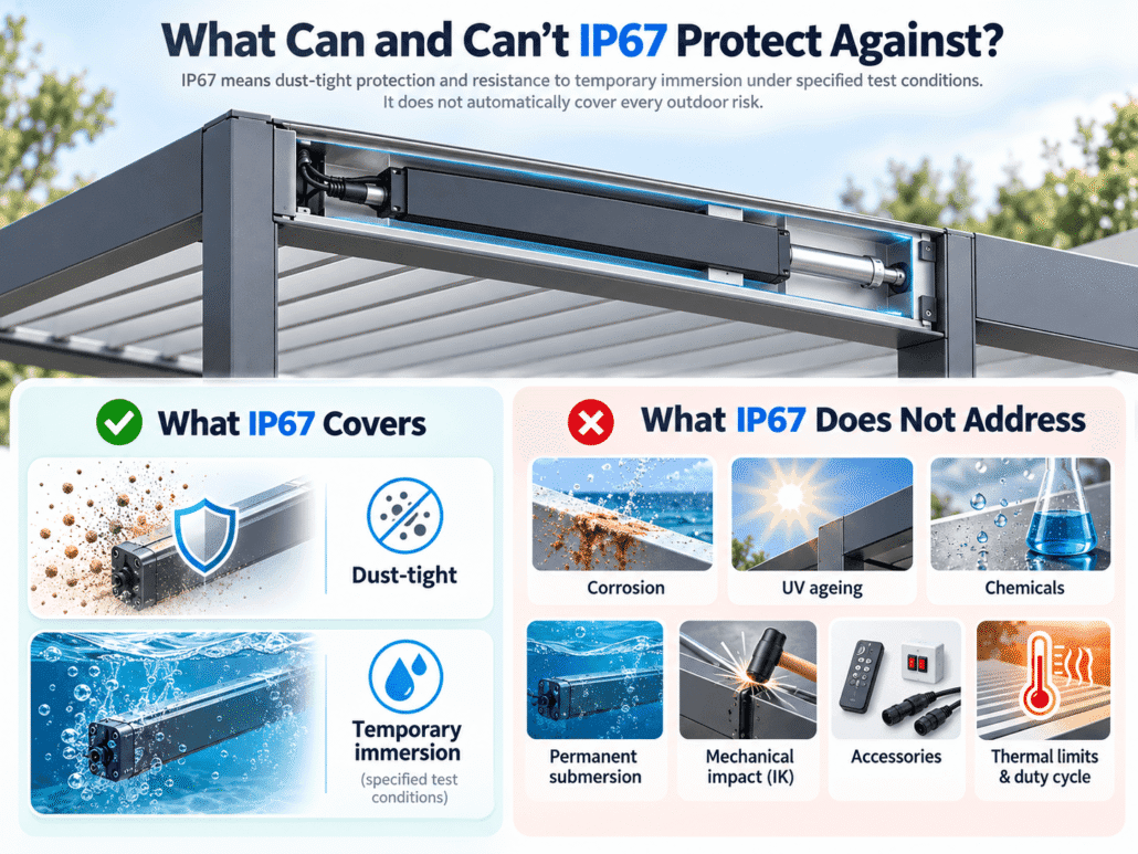 IP67 pergola motor protection infographic showing dust-tight and temporary immersion protection, alongside environmental risks not covered by the rating.